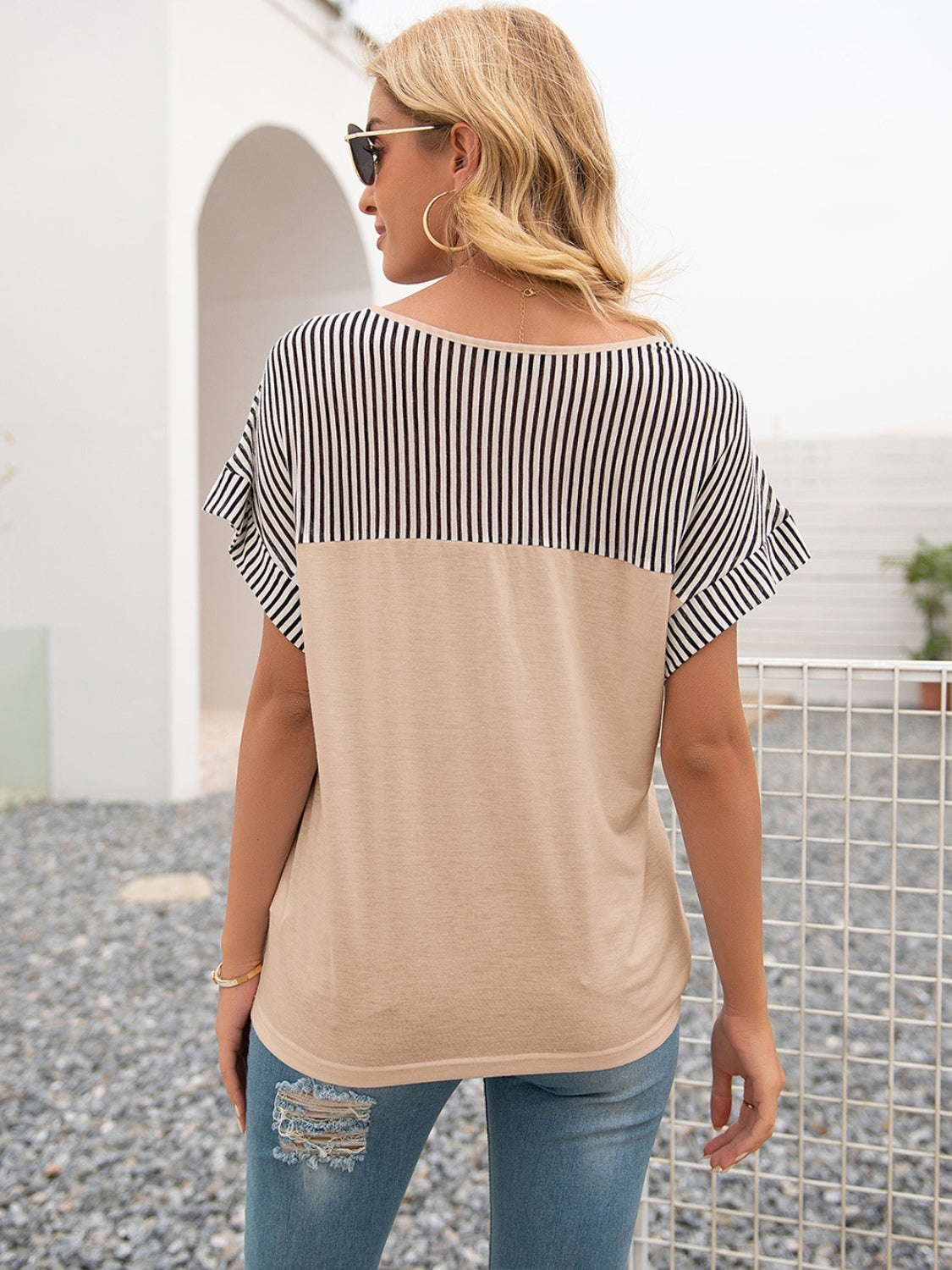 Striped V-Neck Short Sleeve T-Shirt-Angel Casuals