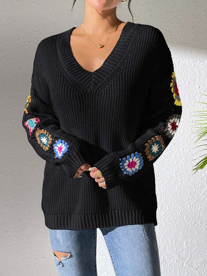 Crochet Flower V-Neck Sweater-Angel Casuals