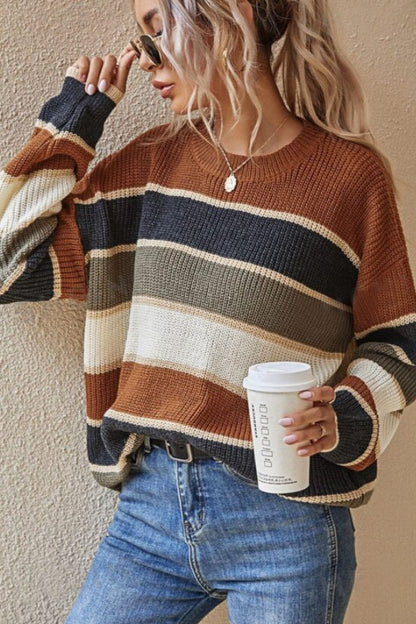 Contrast Striped Round Neck Long Sleeve Sweater-Angel Casuals