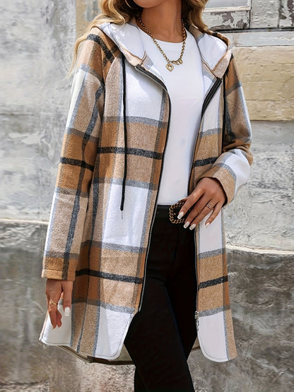 Drawstring Plaid Zip Up Hooded Outerwear-Angel Casuals