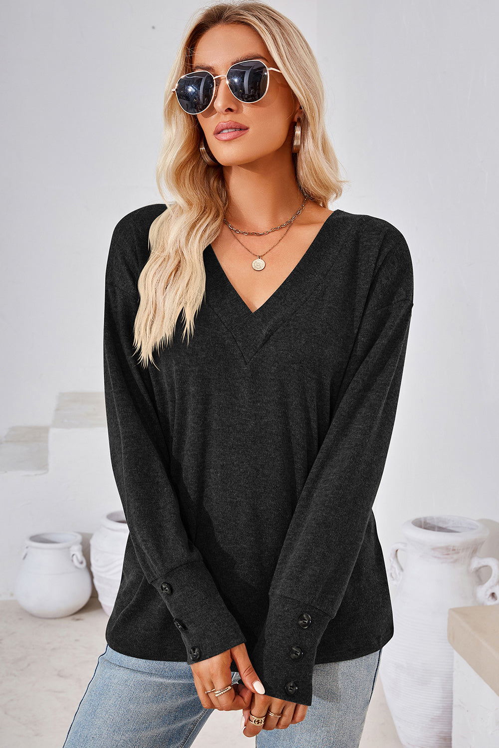 V-Neck Dropped Shoulder T-Shirt-Angel Casuals