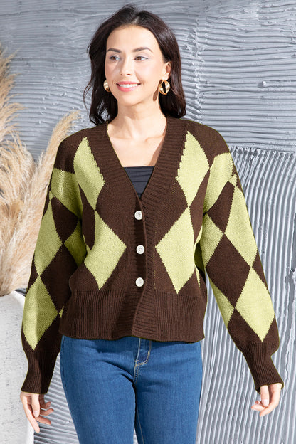 Geometric Button Up Dropped Shoulder Cardigan-Angel Casuals