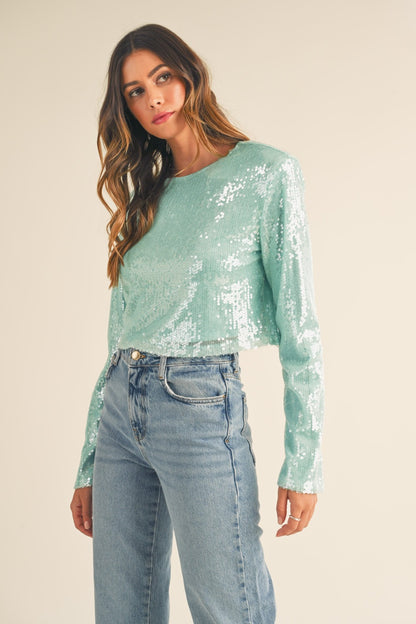 MABLE Shoulder Padded Sequin Crop Top-Angel Casuals