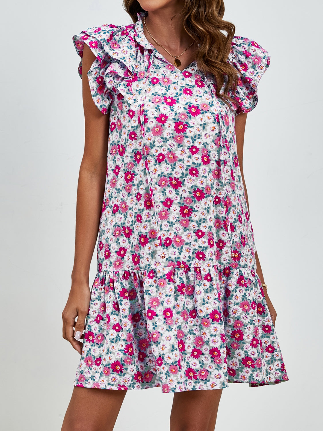 Tied Floral Cap Sleeve Mini Dress-Angel Casuals