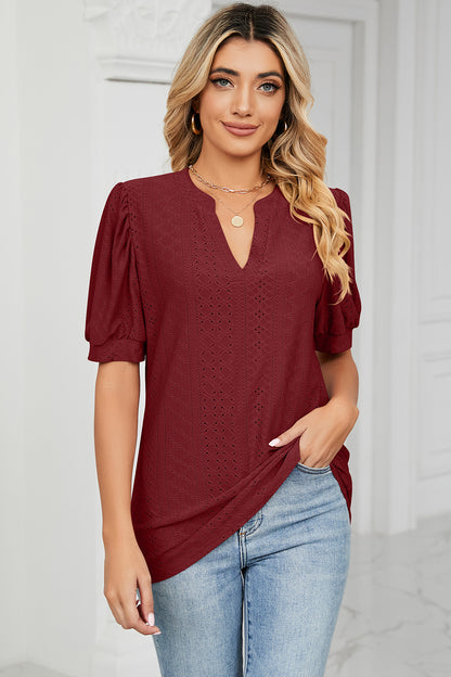 Eyelet Notched Short Sleeve T-Shirt-Angel Casuals