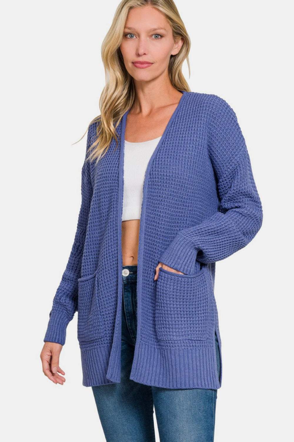 Zenana Waffle Open Front Sweater Cardigan-Angel Casuals