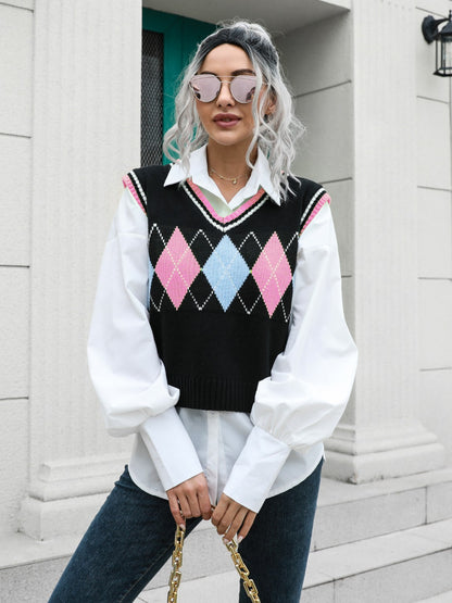 Geometric V-Neck Sweater Vest-Angel Casuals