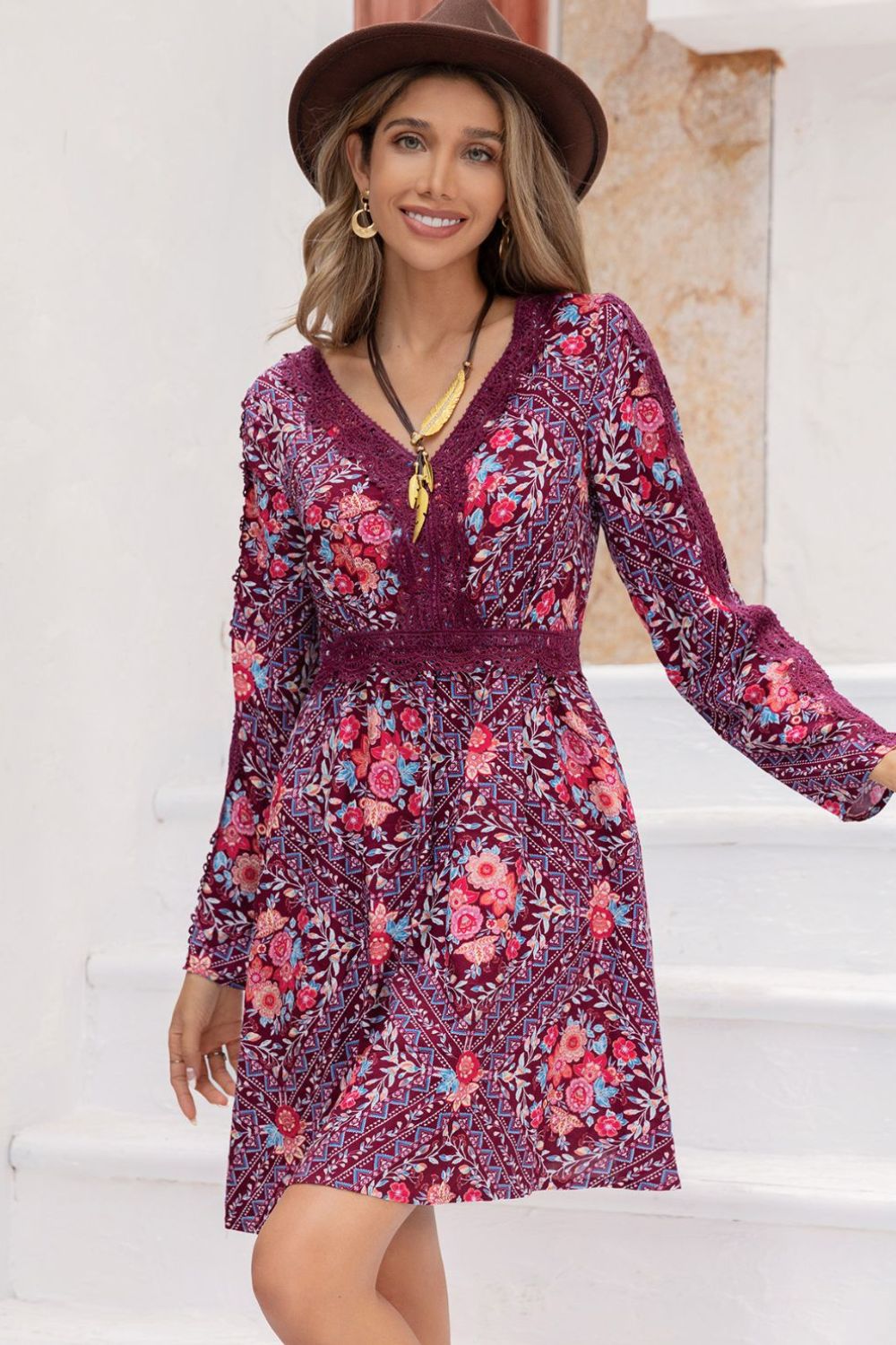 V-Neck Long Sleeve Printed Mini Dress-Angel Casuals