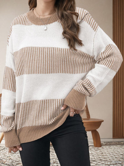 Striped Round Neck Long Sleeve Sweater-Angel Casuals