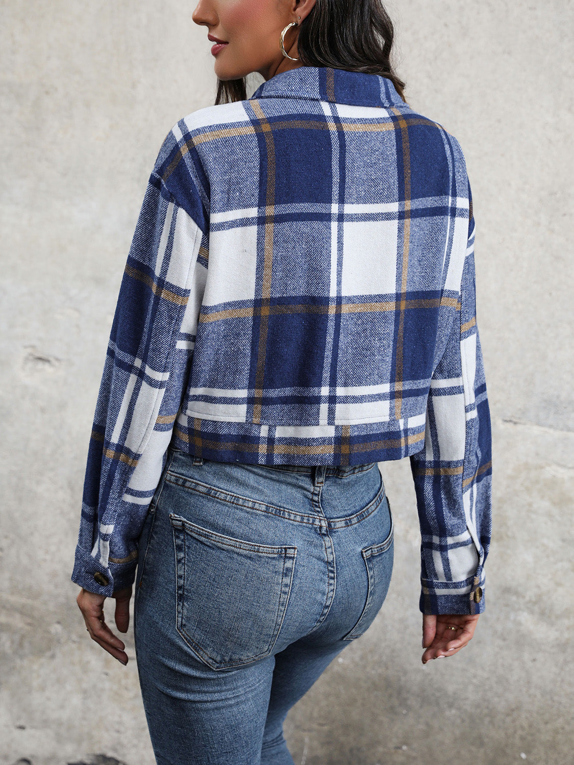 Perfee Plaid Button Up Drop Shoulder Cropped Jacket-Angel Casuals