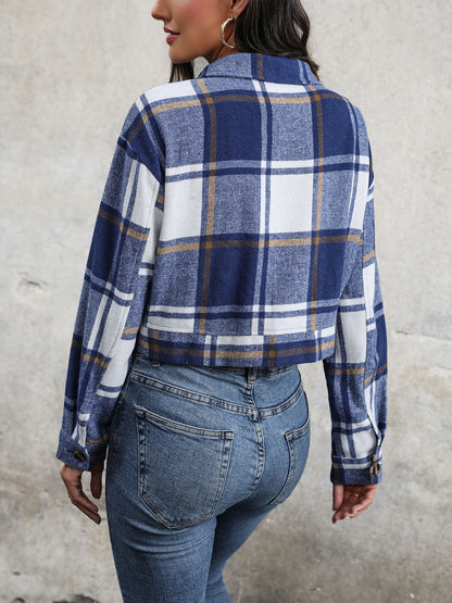 Perfee Plaid Button Up Drop Shoulder Cropped Jacket-Angel Casuals