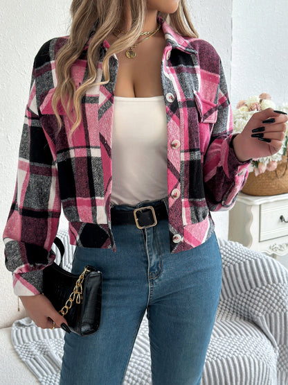 Plaid Button Up Long Sleeve Jacket-Angel Casuals