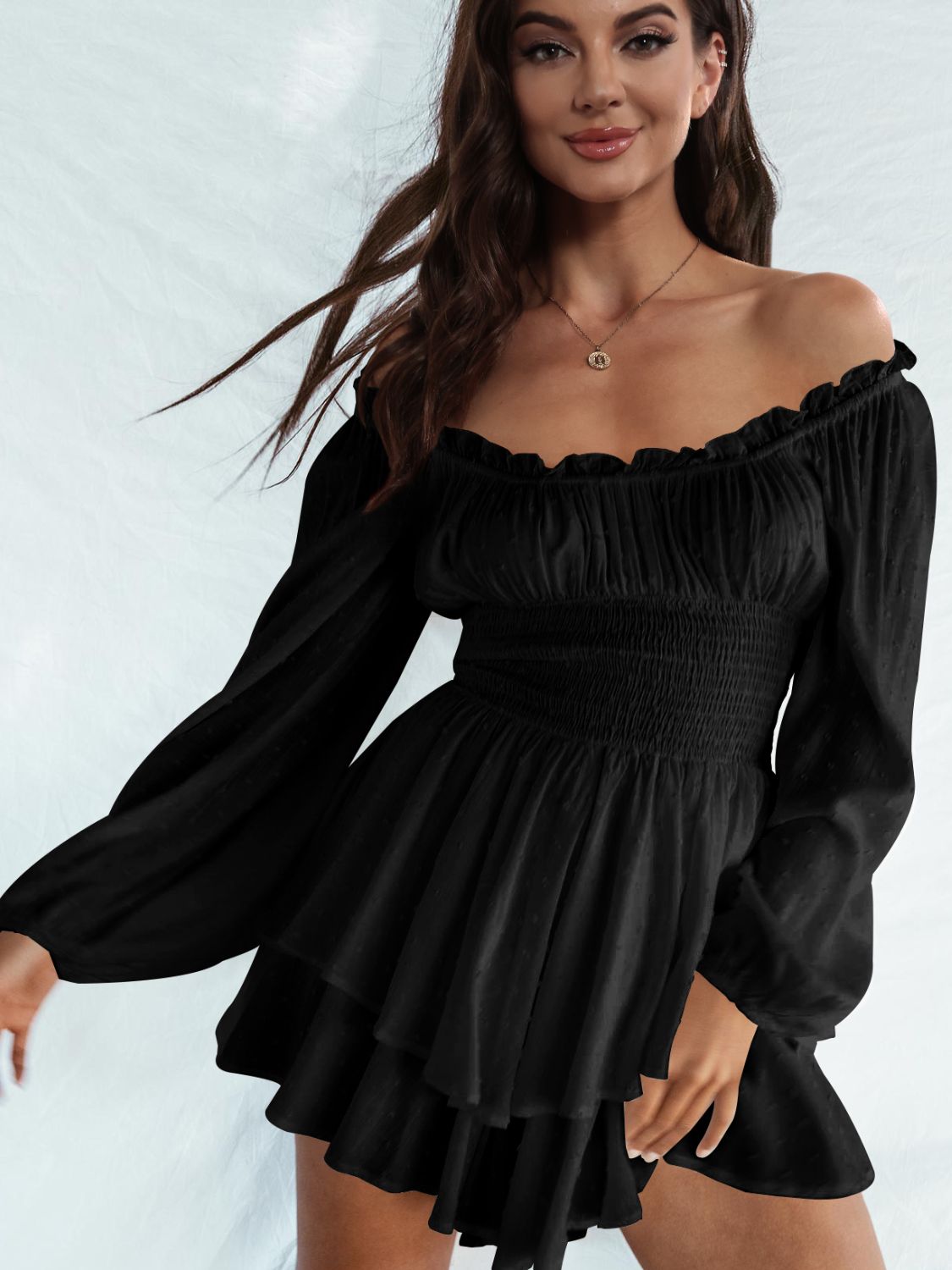 Off Shoulder Smocked Waist Romper-Angel Casuals