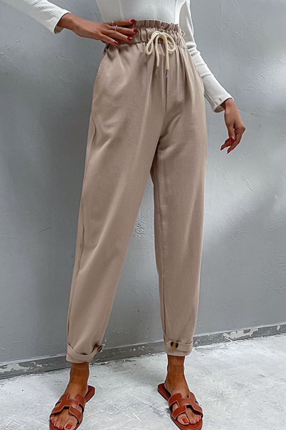 Drawstring Paperbag Waist Button Detail Pants-Angel Casuals