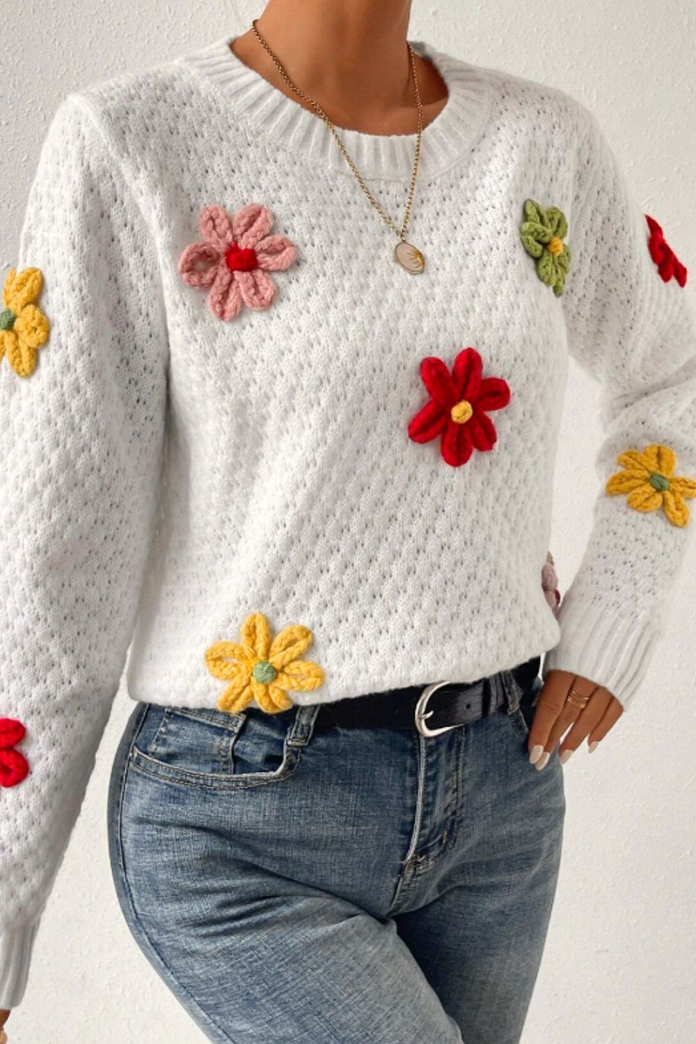 Crochet Flower Round Neck Long Sleeve Sweater-Angel Casuals