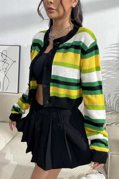 Striped Button Up Contrast Cropped Cardigan-Angel Casuals