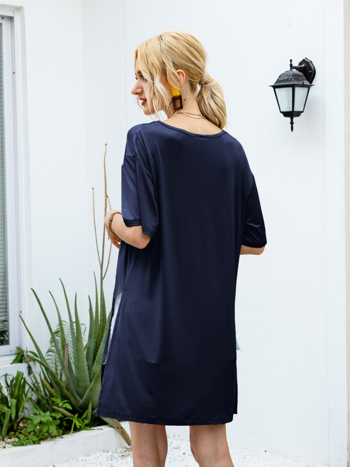 Slit Boat Neck Half Sleeve T-Shirt-Angel Casuals