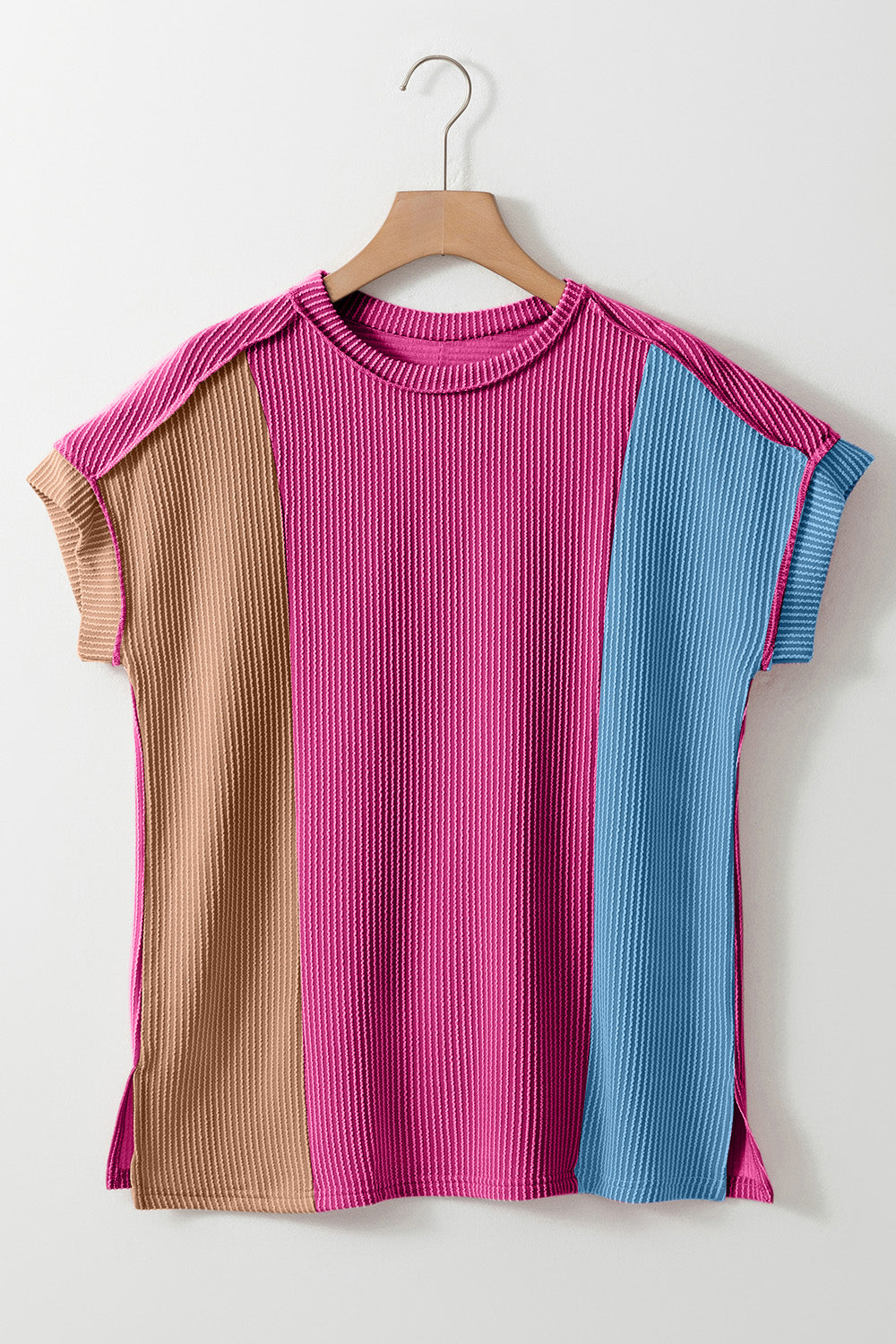 Color Block Round Neck Short Sleeve T-Shirt-Angel Casuals