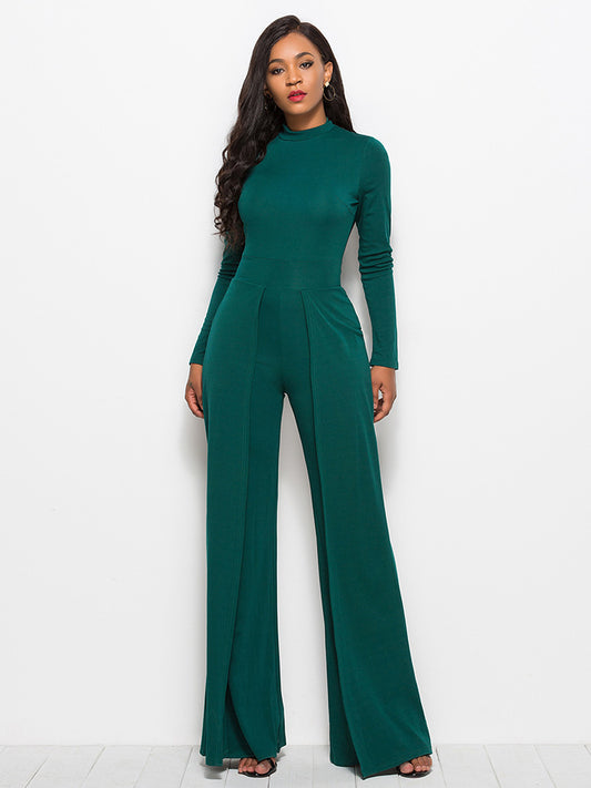 Long Sleeve Mock Neck Wide Leg Jumpsuit-Angel Casuals