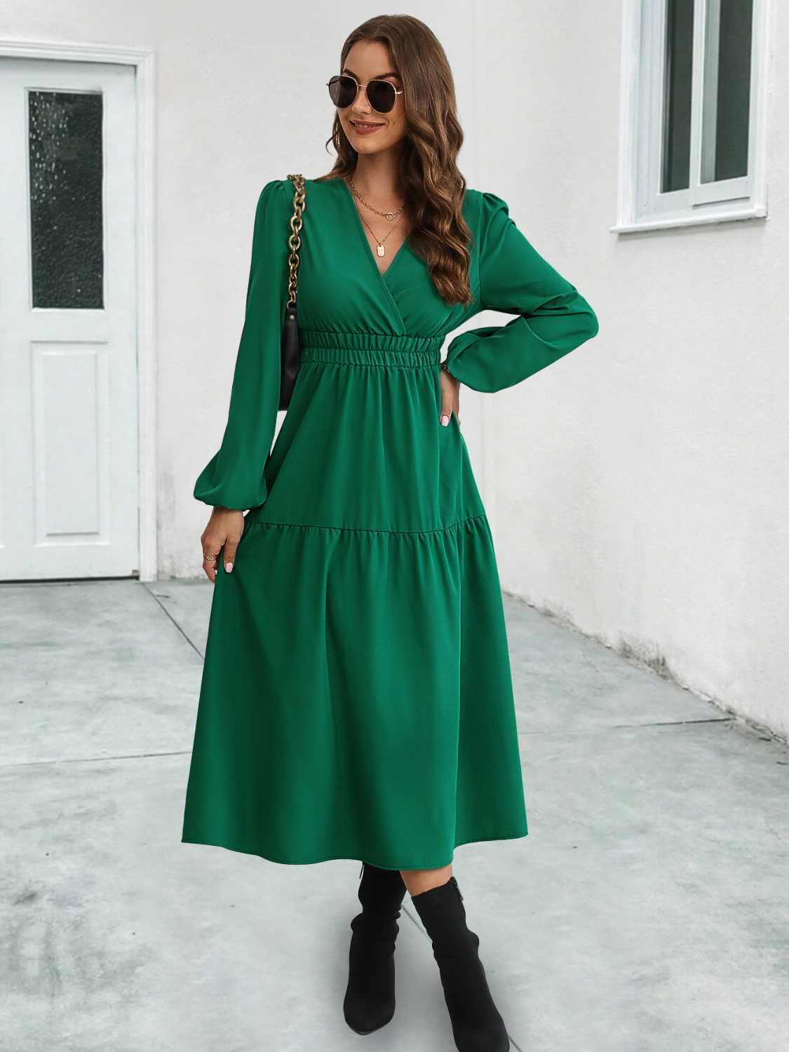 Surplice Neck Long Sleeve Midi Dress-Angel Casuals