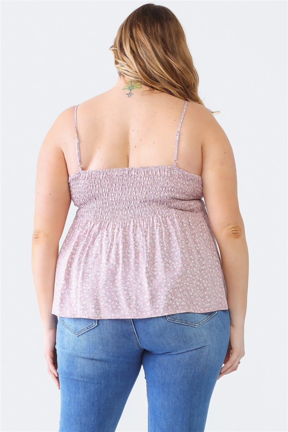 Zenobia Plus Size Frill Smocked Floral Sweetheart Neck Cami-Angel Casuals