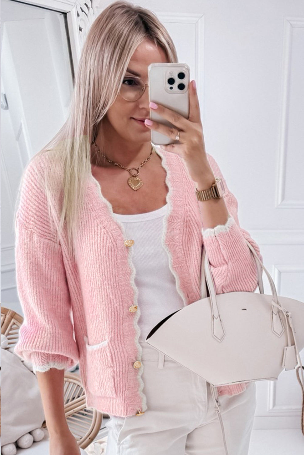 Contrast Trim V-Neck Long Sleeve Cardigan-Angel Casuals
