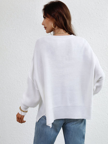 Exposed Seam Dropped Shoulder Slit Sweater-Angel Casuals