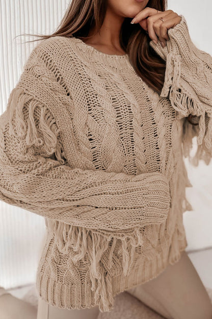 Cable-Knit Fringe Round Neck Sweater-Angel Casuals