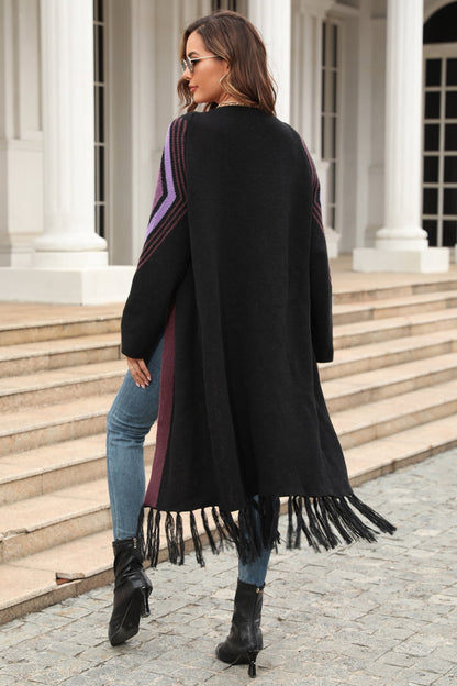 Geometric Fringe Hem Open Front Duster Cardigan-Angel Casuals