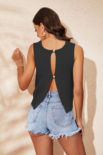 Buttoned Cutout Ribbed Trim Knit Tank-Angel Casuals