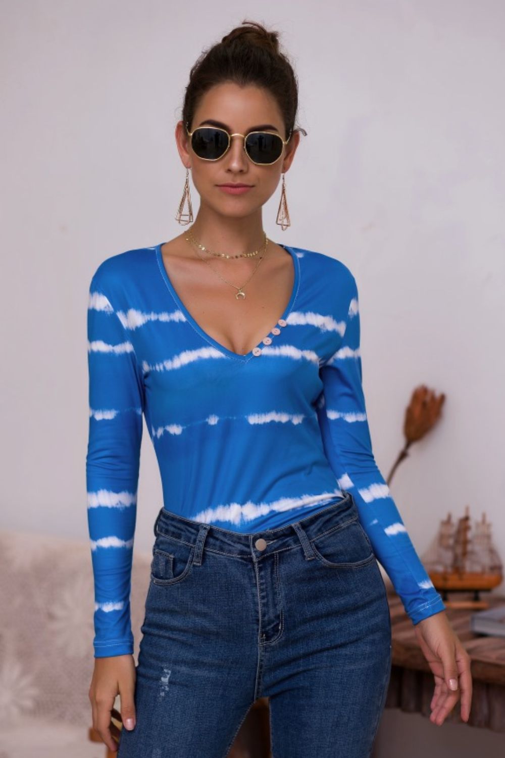 Tie-Dye Plunge Long Sleeve Top-Angel Casuals