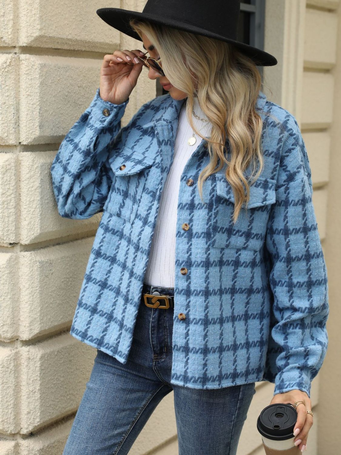 Plaid Collared Neck Long Sleeve Jacket-Angel Casuals