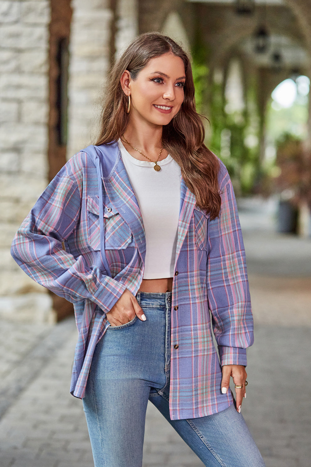 Mandy Plaid Long Sleeve Hooded Jacket-Angel Casuals