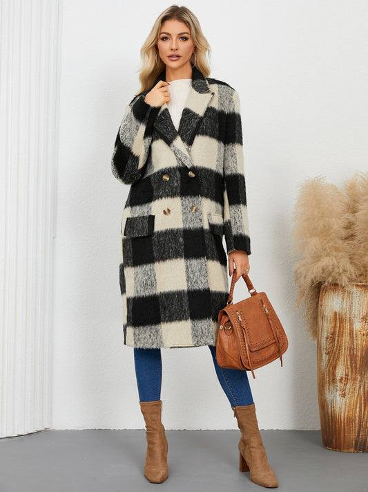 Plaid Double-Breasted Long Sleeve Coat-Angel Casuals