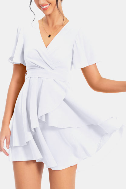 Surplice Neck Flutter Sleeve Dress-Angel Casuals