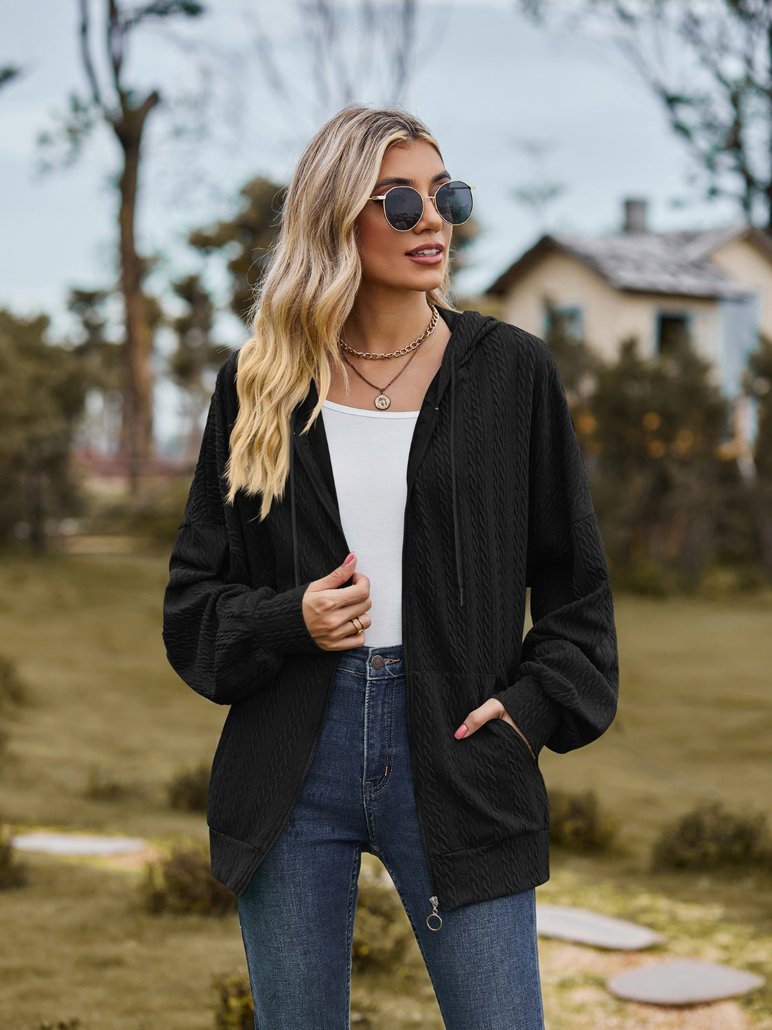 Zip Up Drawstring Long Sleeve Hooded Jacket-Angel Casuals