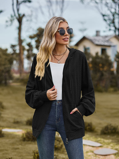 Zip Up Drawstring Long Sleeve Hooded Jacket-Angel Casuals