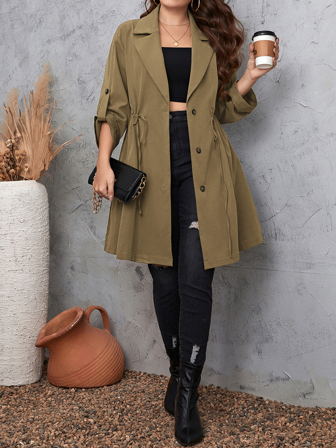 Honey Plus Size Lapel Collar Drawstring Roll-Tab Sleeve Trench Coat-Angel Casuals