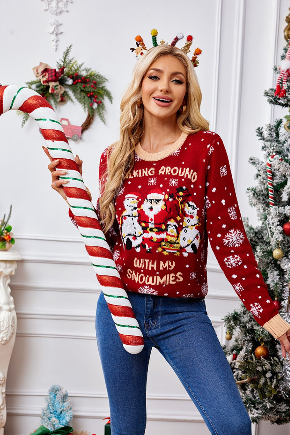 Christmas Pattern Round Neck Long Sleeve Sweater-Angel Casuals