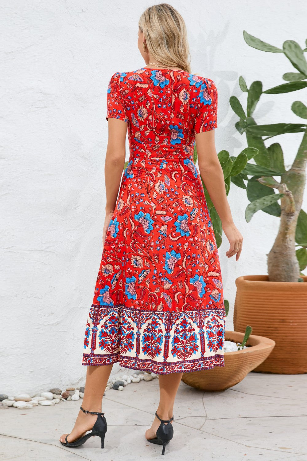 Printed Surplice Short Sleeve Dress-Angel Casuals