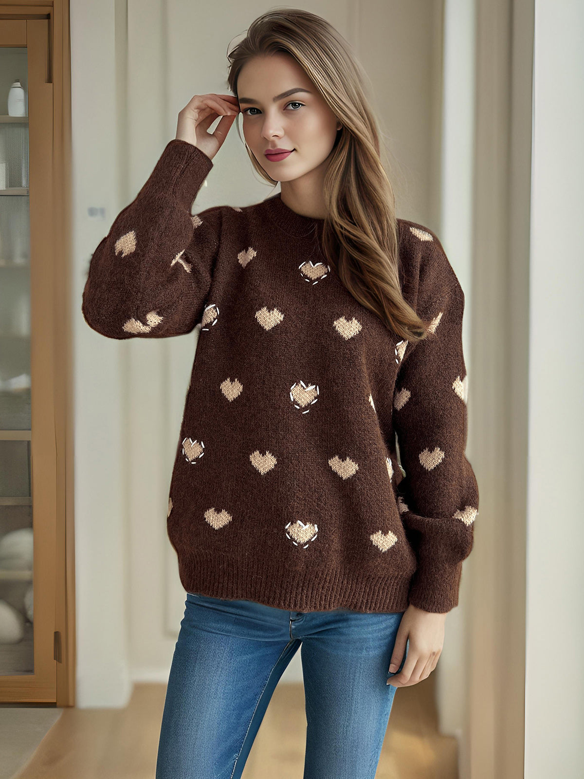 Heart Round Neck Long Sleeve Sweater-Angel Casuals