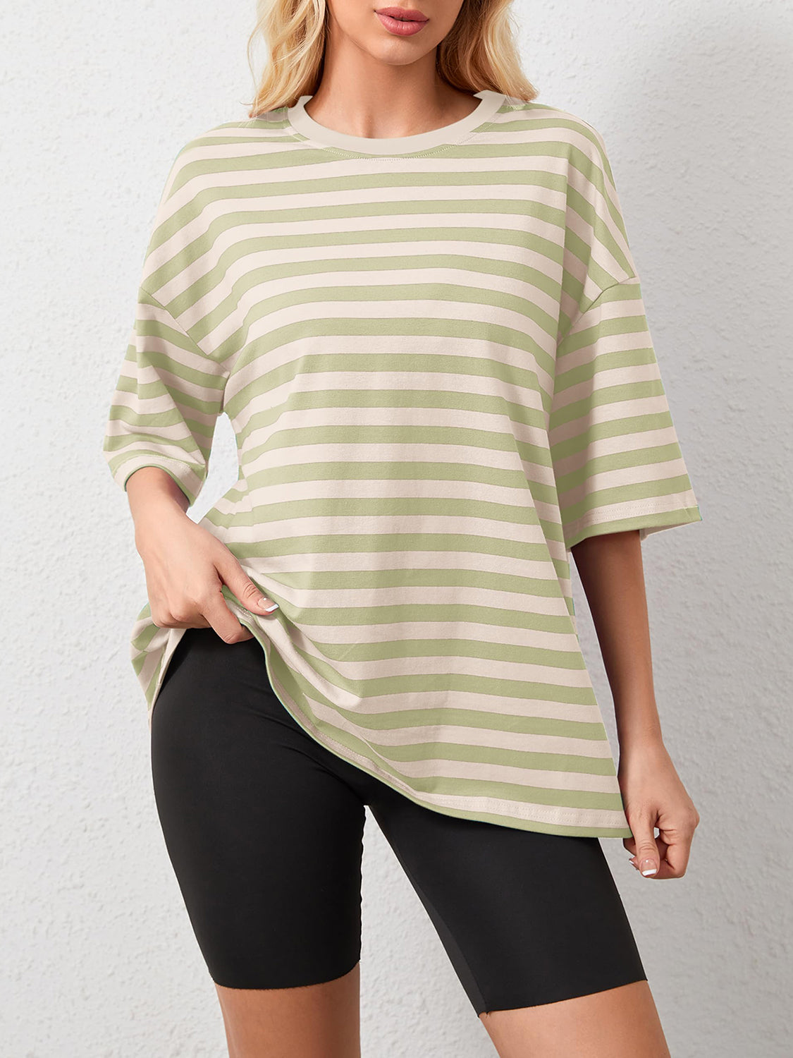 Striped Round Neck Half Sleeve T-Shirt-Angel Casuals