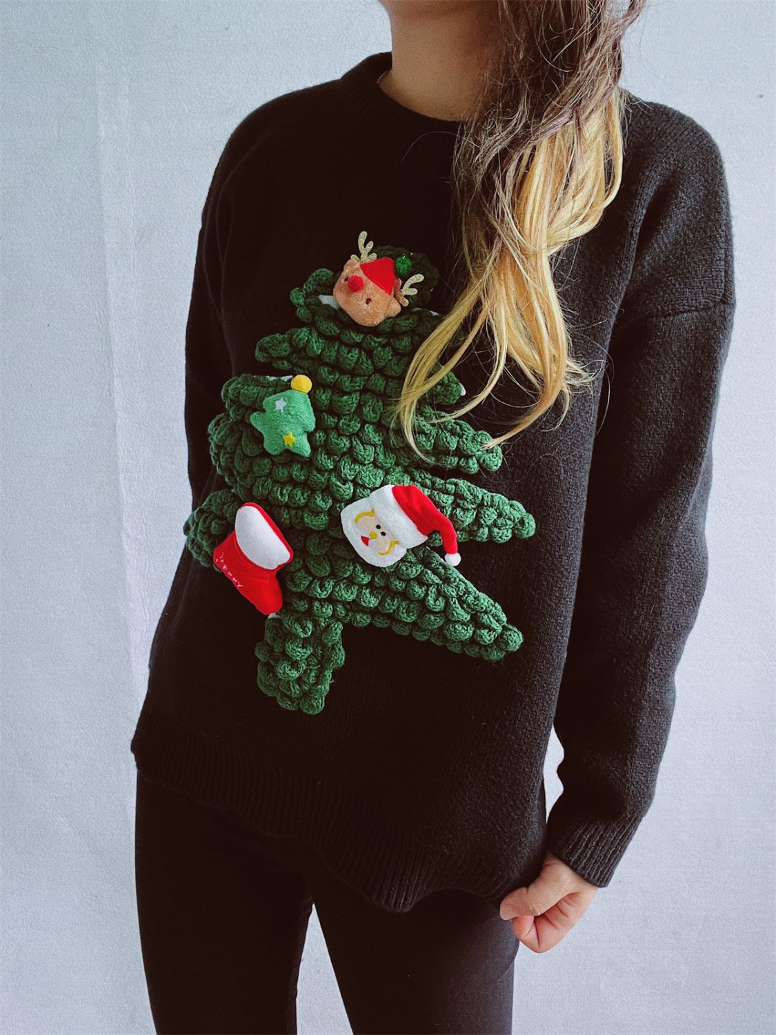 Christmas Tree Round Neck Long Sleeve Sweater-Angel Casuals