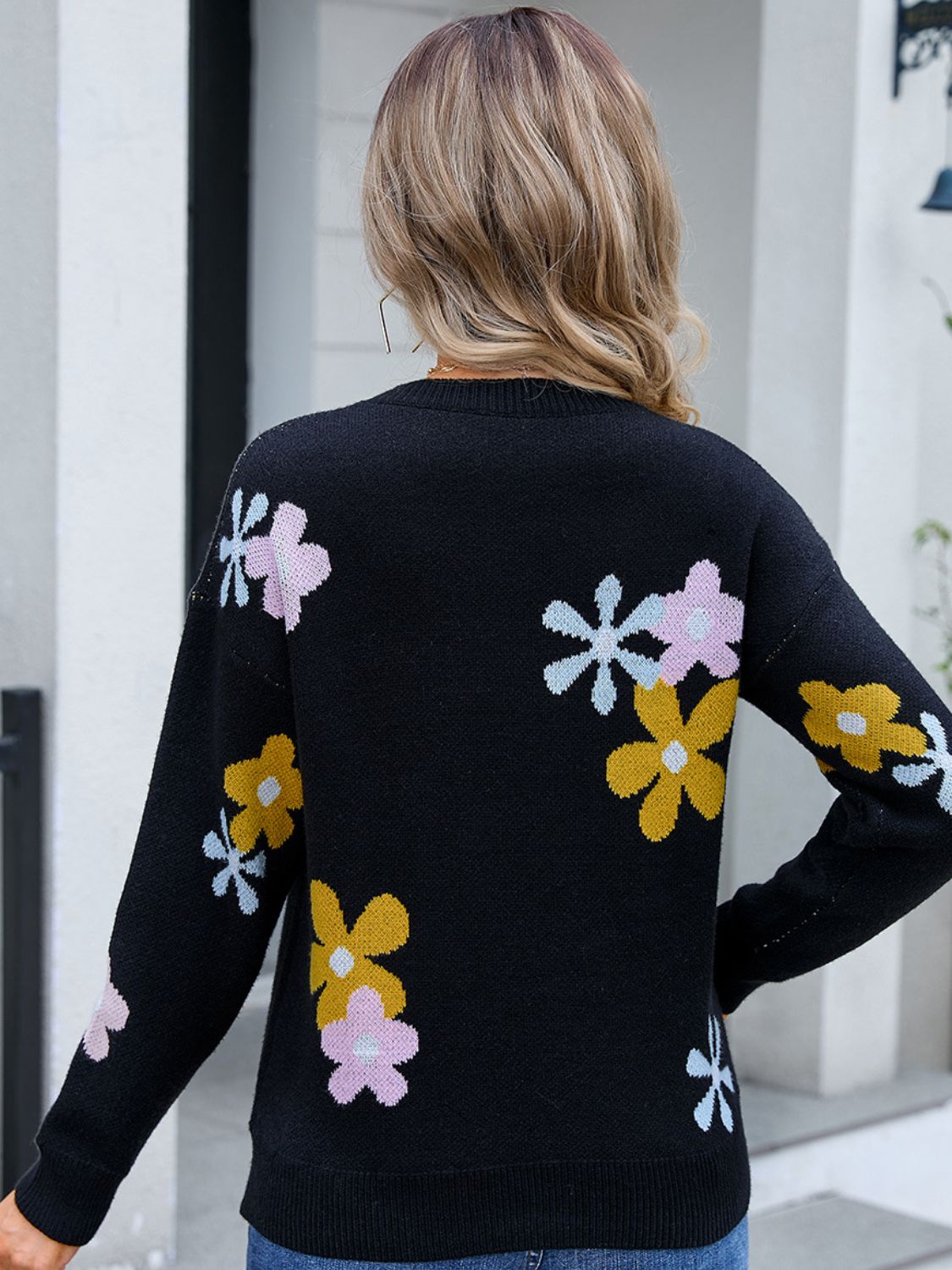 Angel Wings Flower Round Neck Dropped Shoulder Sweater-Angel Casuals