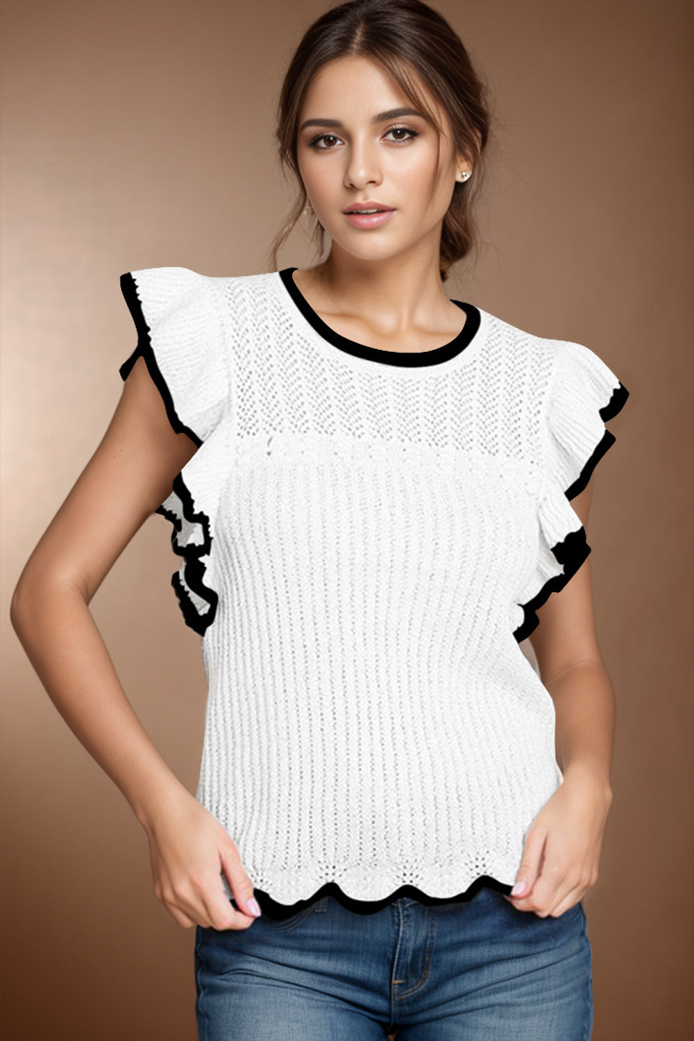 Ruffled Round Neck Cap Sleeve Knit Top-Angel Casuals