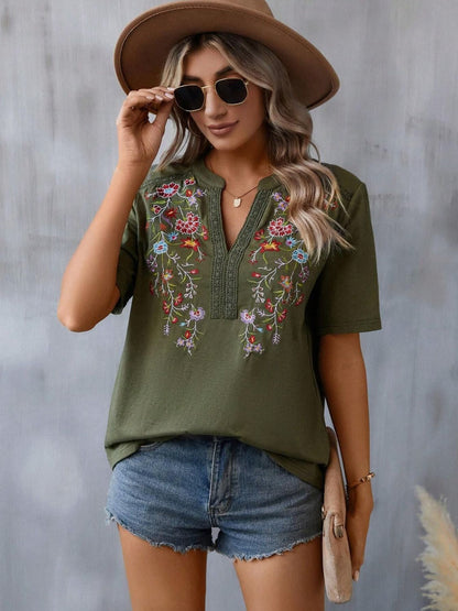 Embroidered Notched Short Sleeve T-Shirt-Angel Casuals