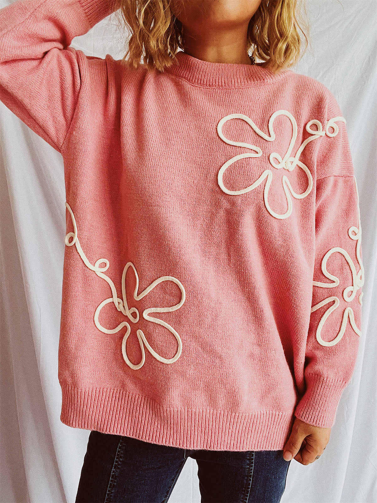 Flower Round Neck Long Sleeve Sweater-Angel Casuals