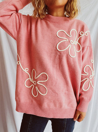 Flower Round Neck Long Sleeve Sweater-Angel Casuals