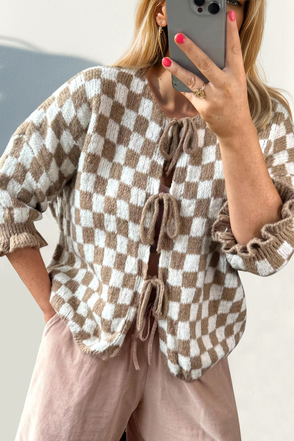 Double Take Tied Checkered Dropped Shoulder Flounce Sleeve Cardigan-Angel Casuals
