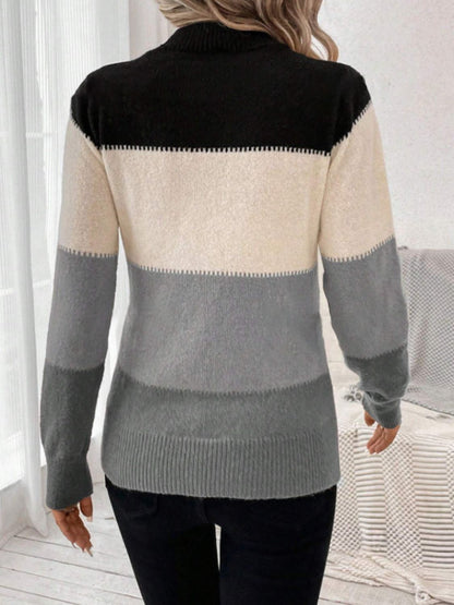 Color Block Mock Neck Long Sleeve Sweater-Angel Casuals